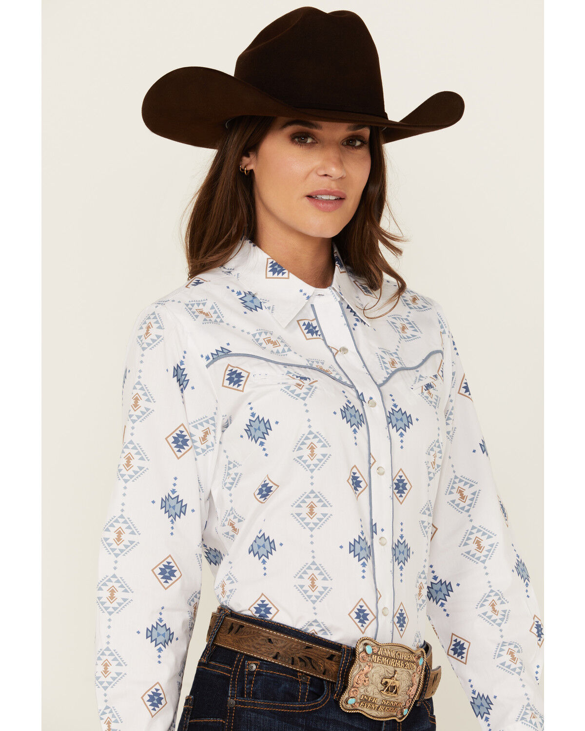 Image #2 - Ely Walker Women's Southwestern Print Long Sleeve Pearl Snap Western Shirt, White, hi-res