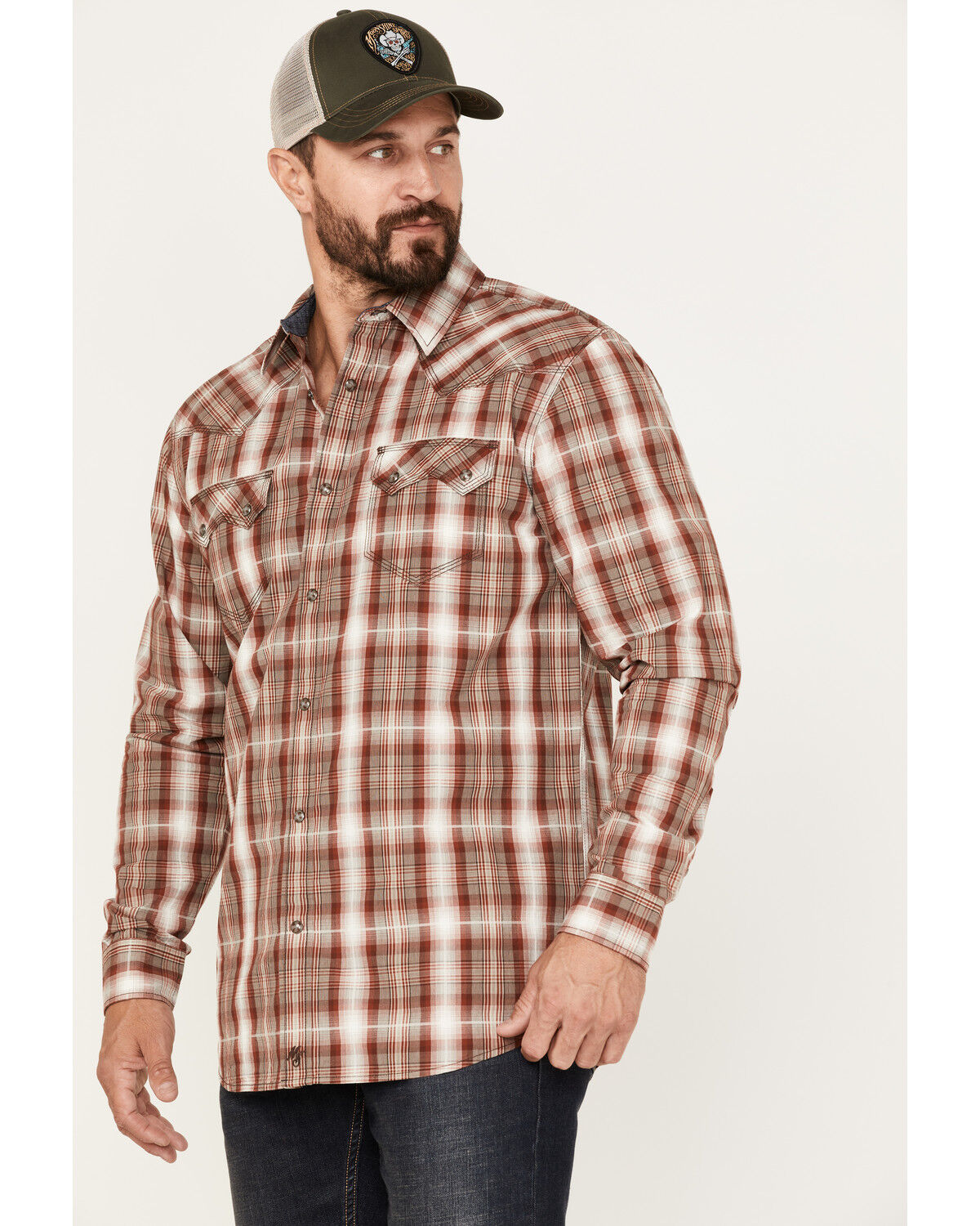 Image #3 - Moonshine Spirit Men's Rusty Gate Plaid Print Snap Western Shirt, Rust Copper, hi-res