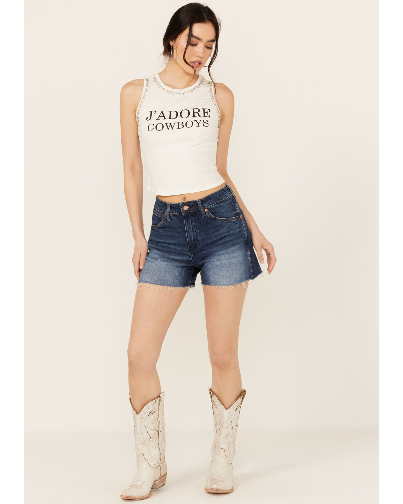 Wrangler Women s Dark Wash High Rise Cut Off Cowboy Stretch Denim Shorts Sheplers