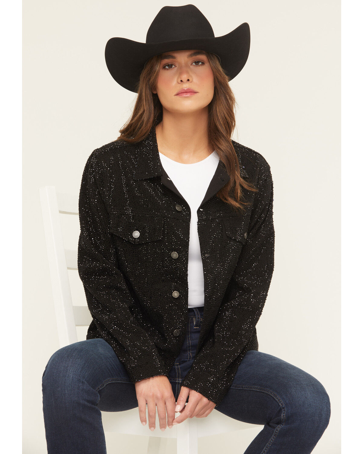 Image #1 - DanielXDiamond Women's Cash Embellished Denim Jacket, Black, hi-res