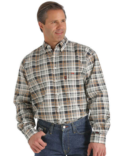 Cinch Men's FR Plaid Print Long Sleeve Button Down Shirt, Brown, hi-res