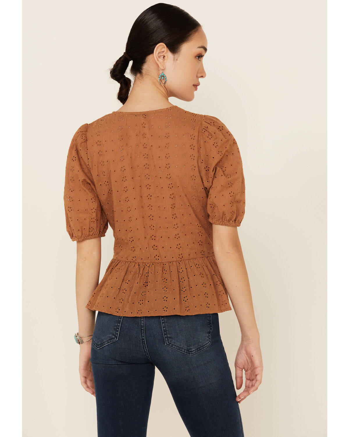 Image #4 - Wishlist Women's Eyelet Peplum Short Sleeve Top, Mustard, hi-res