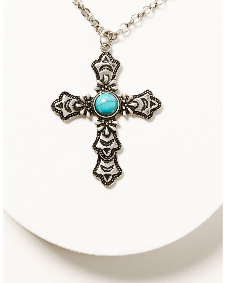 Shyanne Women's Silver & Turquoise Cross Pendant Jewelry Set, Silver, hi-res