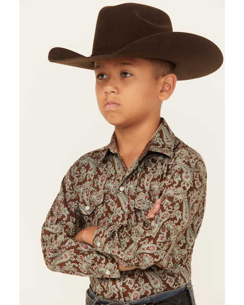 Image #2 - Roper Boys' Paisley Print Long Sleeve Pearl Snap Western Shirt , Brown, hi-res