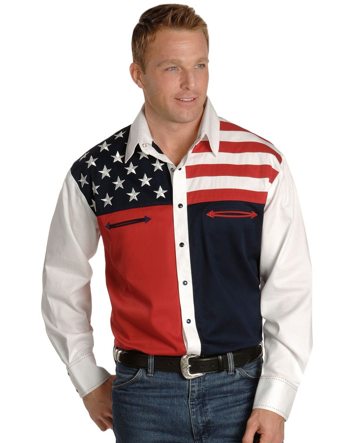 Scully Patriotic American Flag Colorblock Western Shirt - Big & Tall, Blue, hi-res