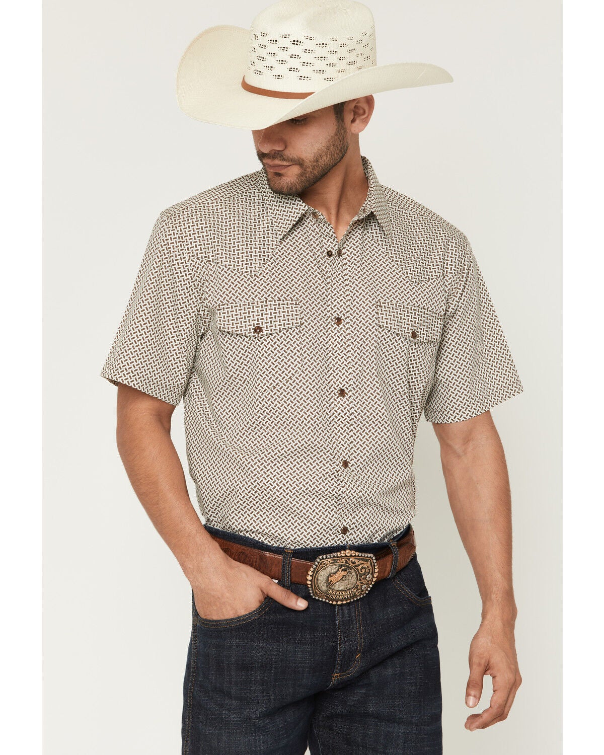 Image #1 - Gibson Trading Co Men's Sedona Tile Geo Print Short Sleeve Snap Western Shirt, Brown, hi-res