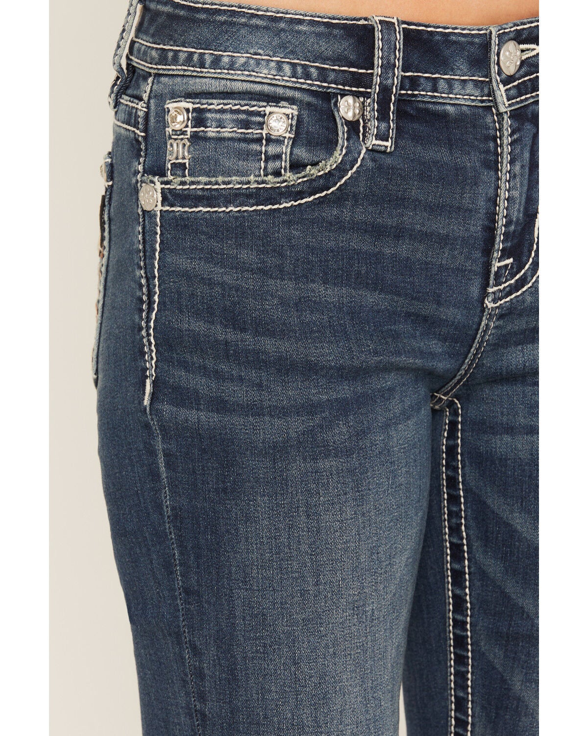 Image #4 - Miss Me Women's Medium Wash Mid Rise Longhorn Pocket Bootcut Stretch Denim Jeans, Medium Wash, hi-res