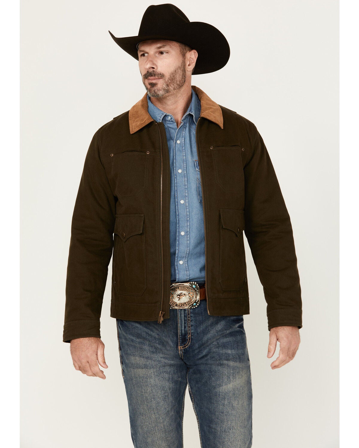 Pendleton Men's Carson City Solid Canvas Lined Zip-Up Jacket, Olive, hi-res