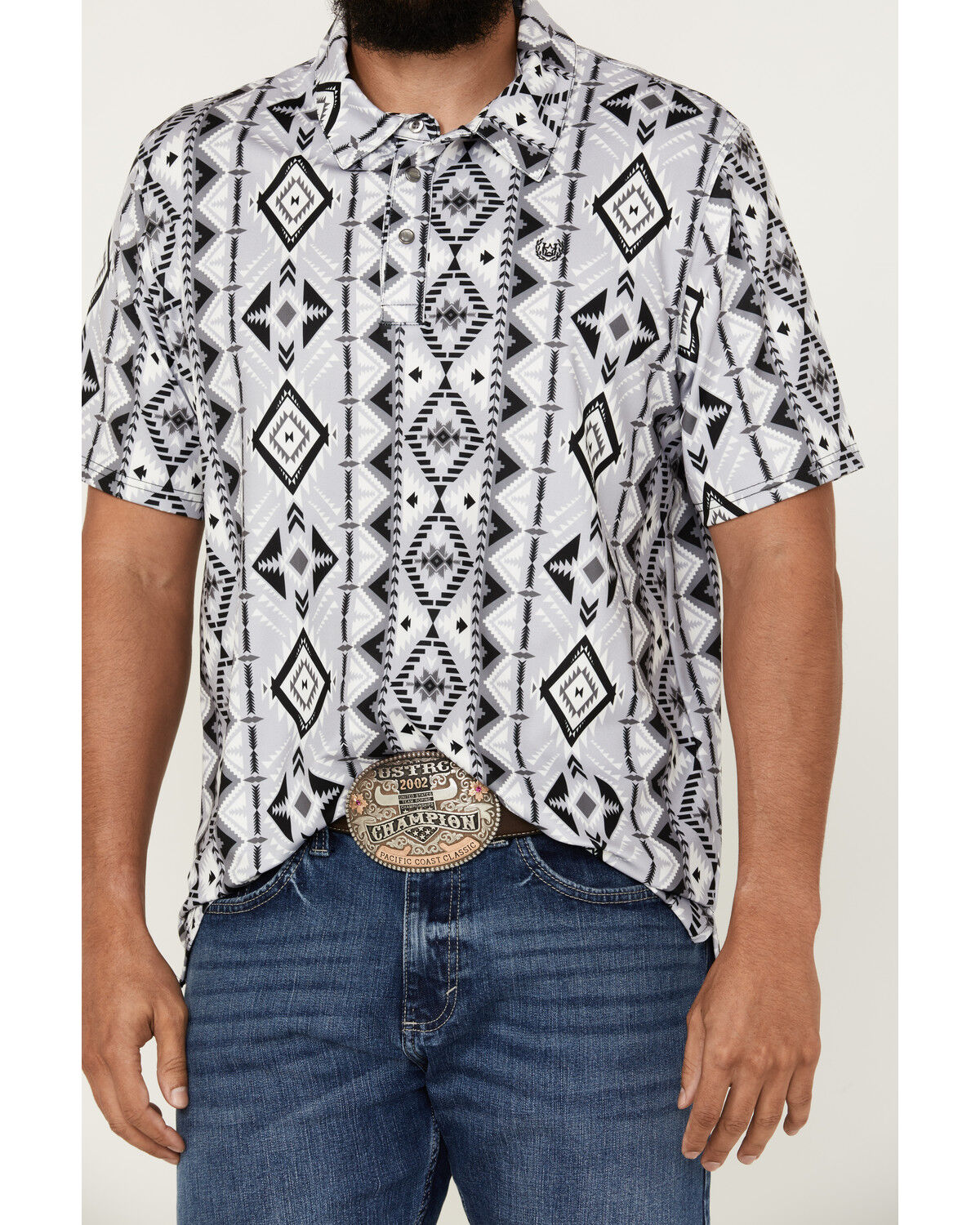 Image #3 - Panhandle Men's Southwestern Print Short Sleeve Performance Polo Shirt, Charcoal, hi-res