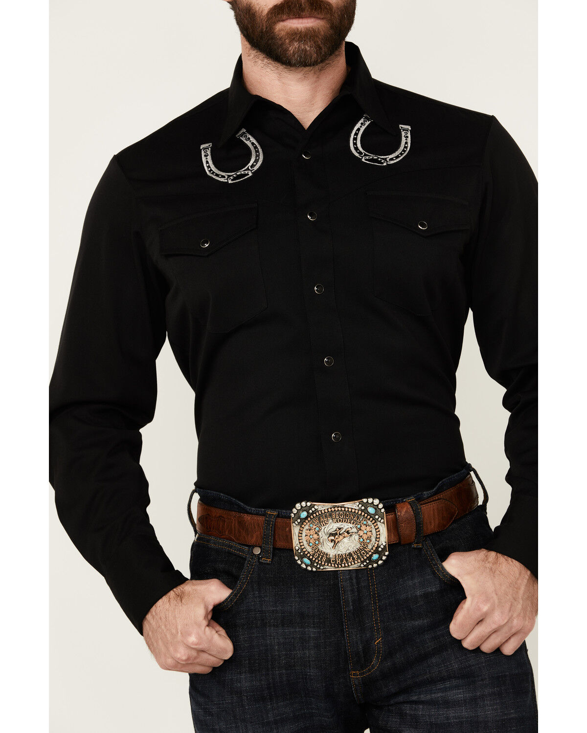 Image #3 - Roper Men's Old West Horseshoe Embroidered Long Sleeve Snap Western Shirt, Black, hi-res