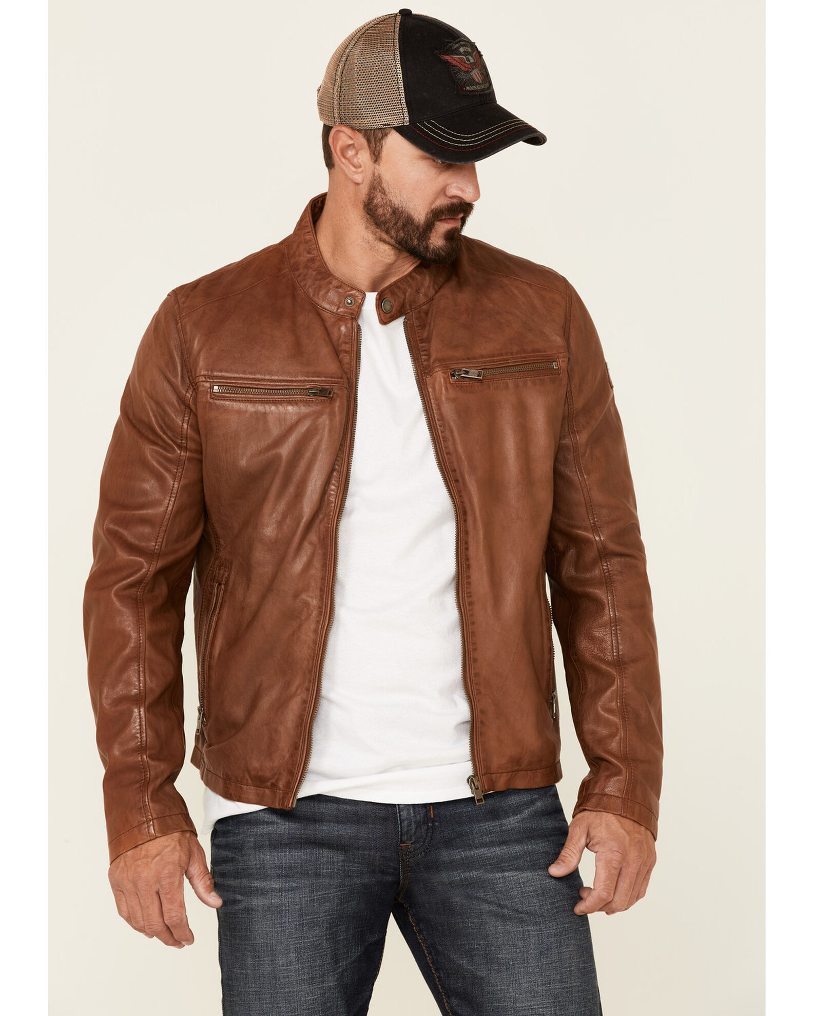 Mauritius Leather Men s Cognac Jon Zip Front Moto Leather Jacket Sheplers
