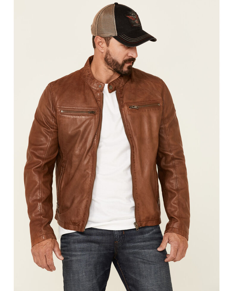 Mauritius Leather Men's Cognac Jon Zip-Front Moto Leather Jacket , Cognac, hi-res
