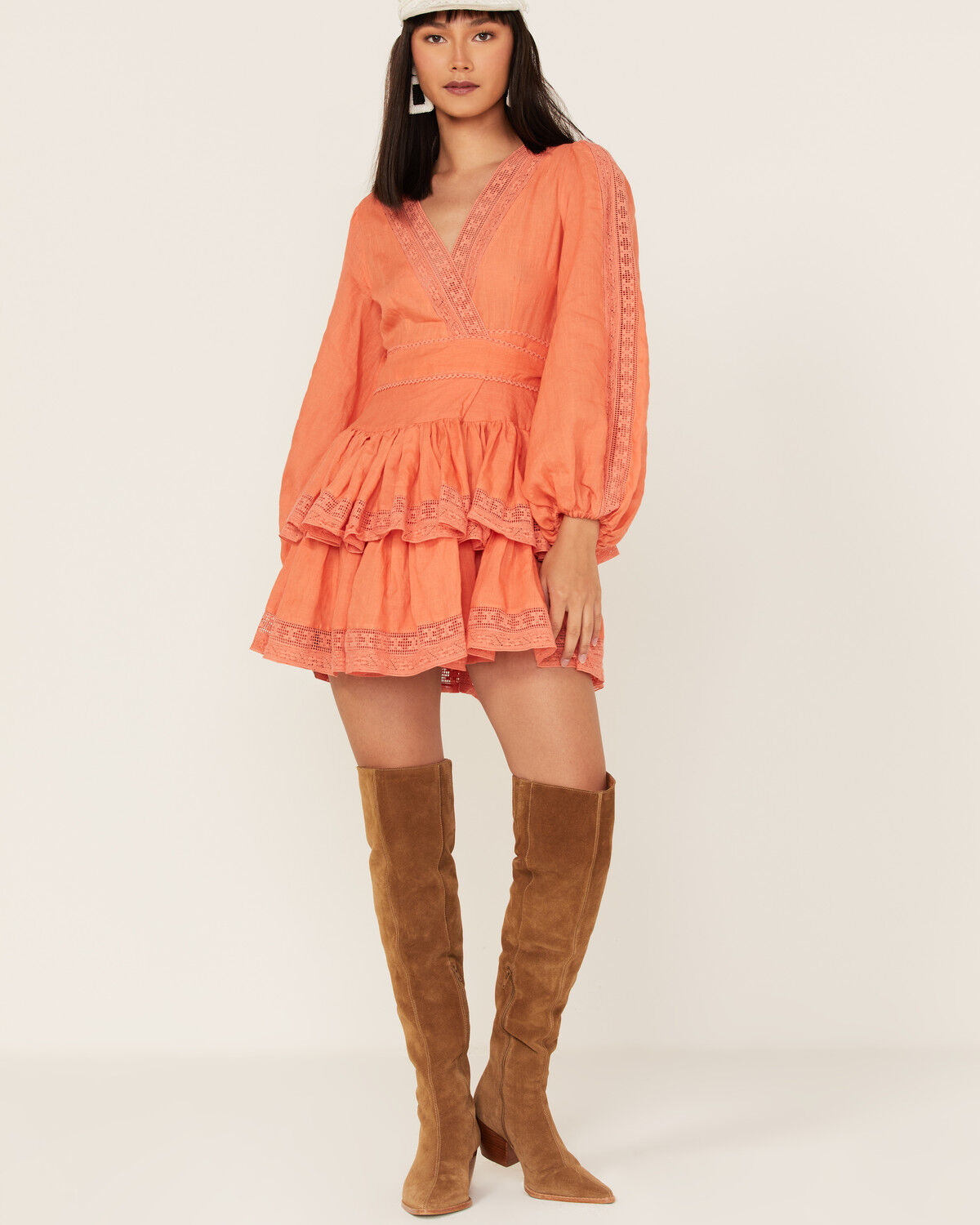 Image #2 - Maia Bergman Women's Mika Lace Tiered Mini Dress, Orange, hi-res