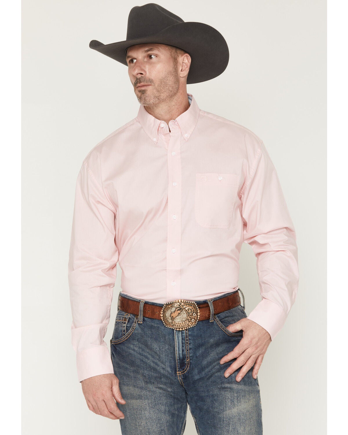 Image #1 - George Strait by Wrangler Men's Solid Long Sleeve Button-Down Stretch Western Shirt, Pink, hi-res
