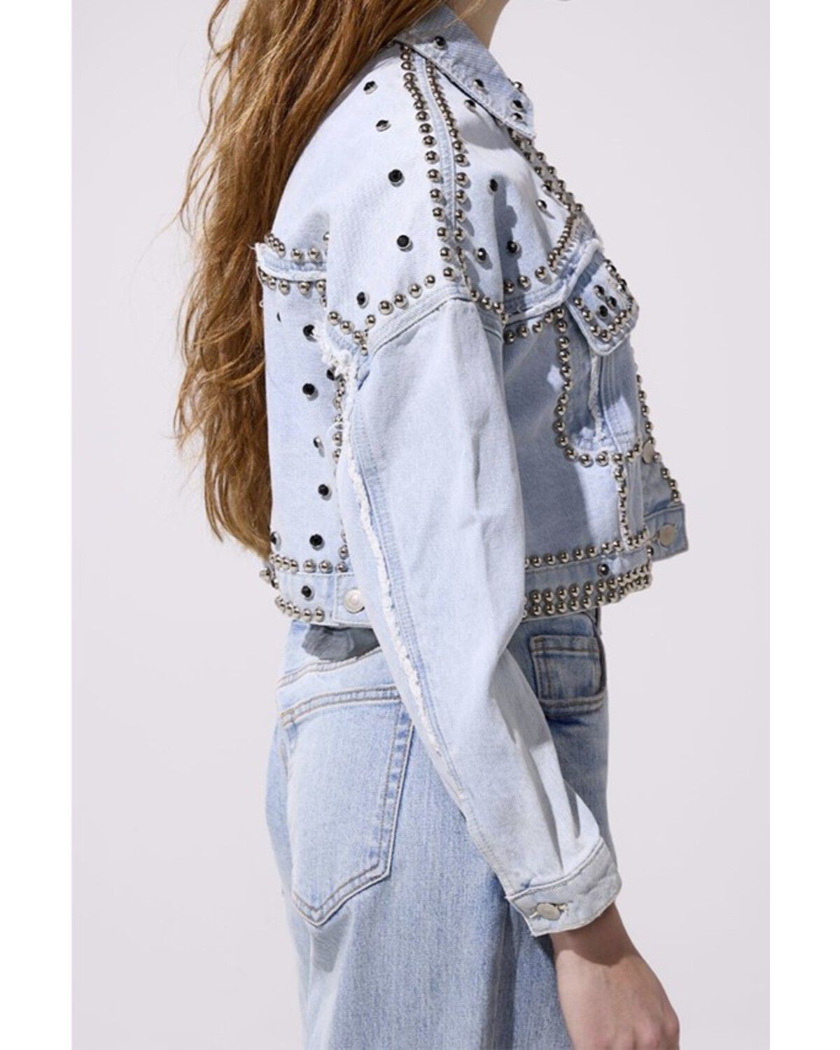 Image #2 - Azalea Wang Women's Jazella Light Wash Denim Studded Jacket, Light Wash, hi-res