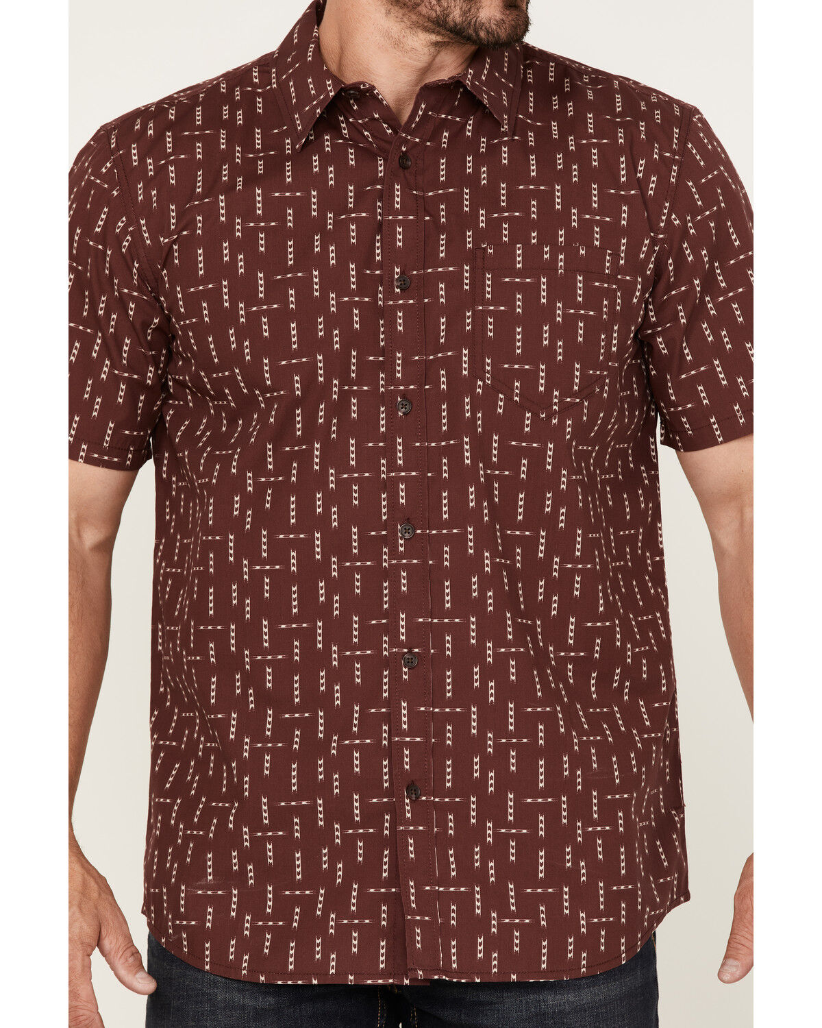 Image #3 - Gibson Men's Tribal Meeting Geo Print Short Sleeve Button Down Western Shirt, Burgundy, hi-res