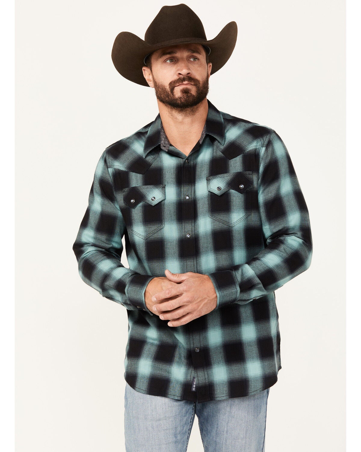 Moonshine Spirit&reg; Men's Ombre Plaid Print Long Sleeve Snap Western Shirt, Blue, hi-res
