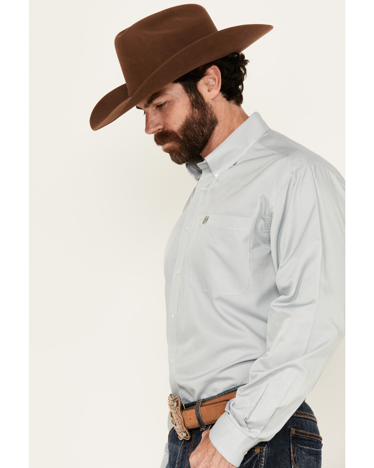 Image #2 - Cinch Men's Micro Striped Long Sleeve Button-Down Western Shirt, Teal, hi-res