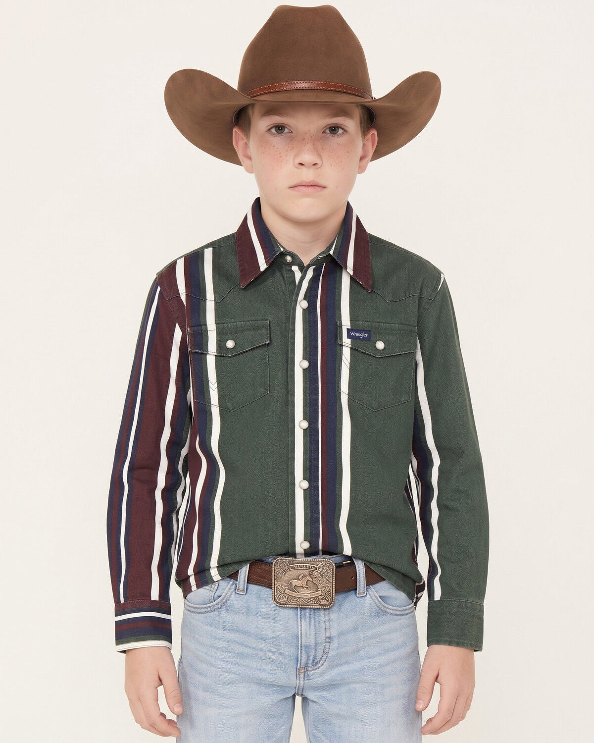 Image #1 - Wrangler Boys' Brushpopper Striped Long Sleeve Snap Western Shirt, Green, hi-res
