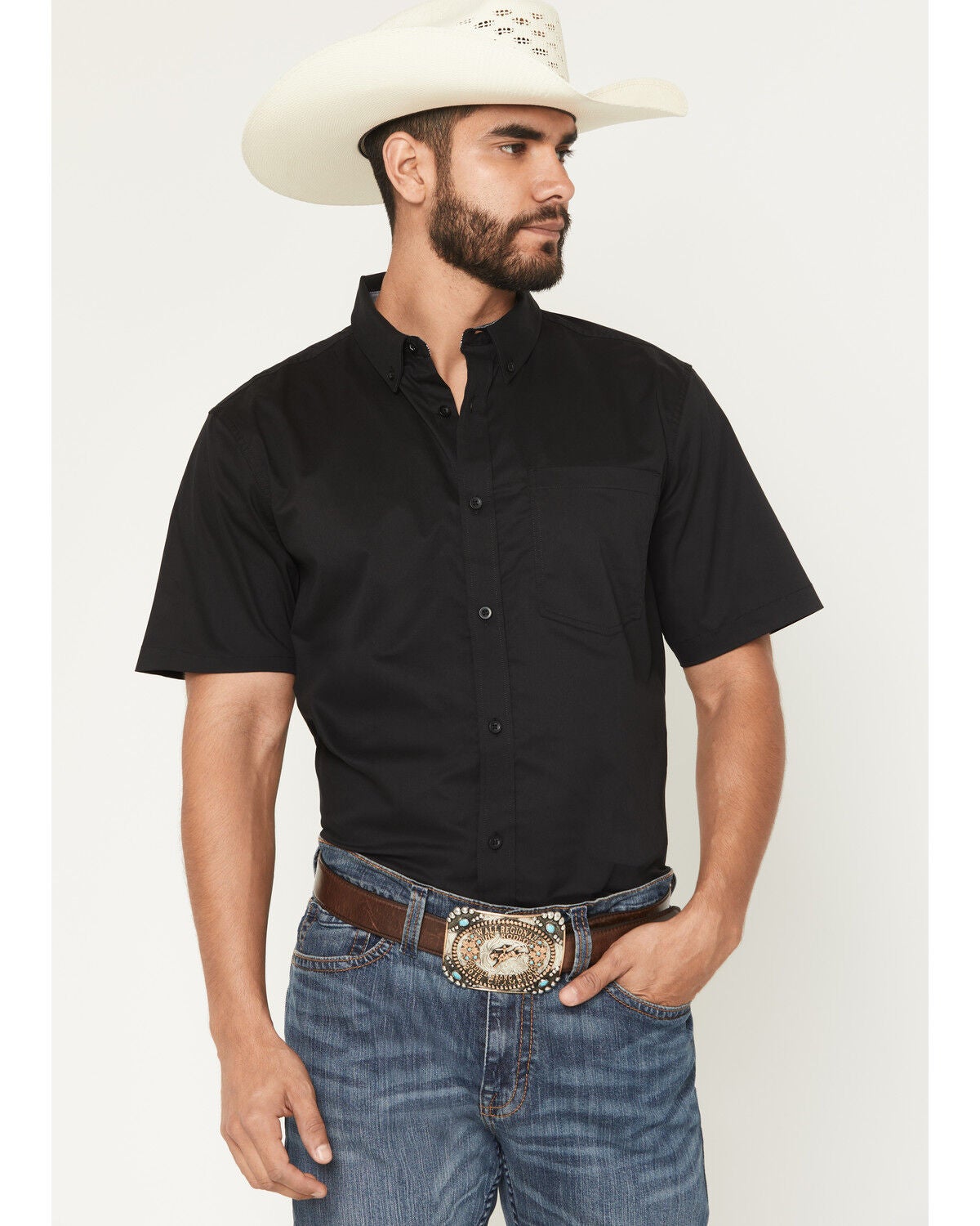 Cody James Men's Basic Twill Short Sleeve Button-Down Stretch Western Shirt, Black, hi-res