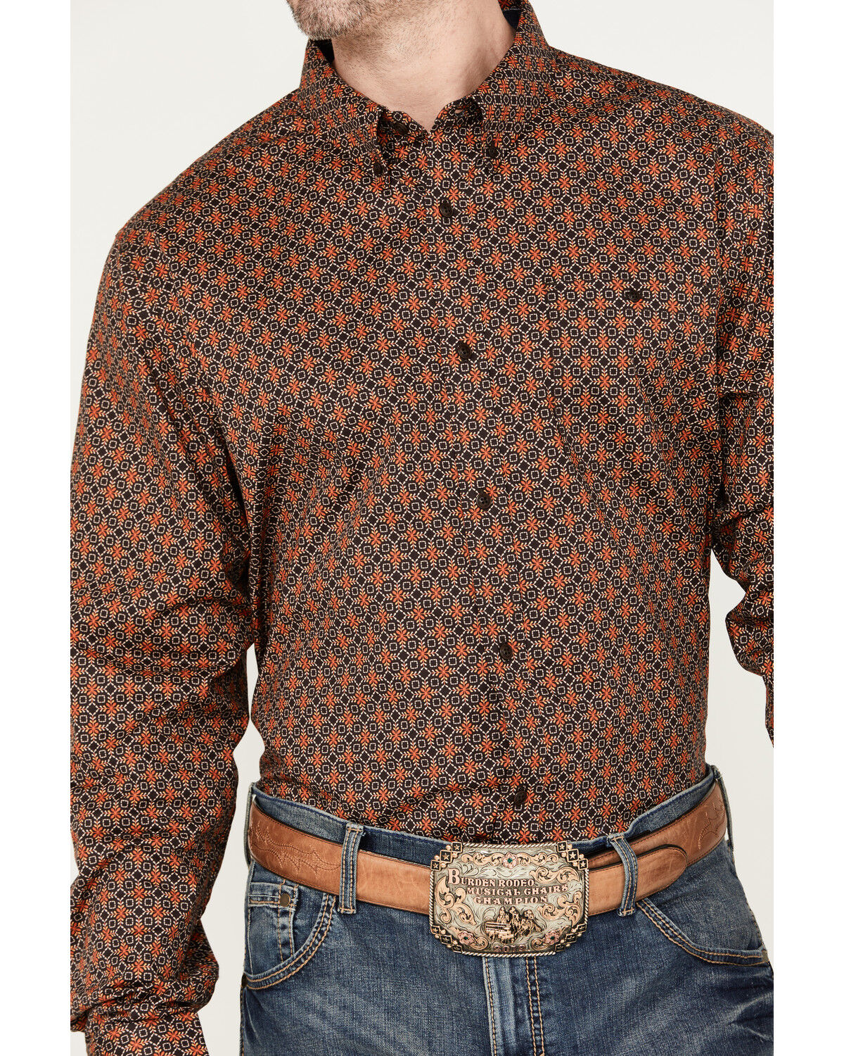 Image #3 - RANK 45® Men's Floral Medallion Print Long Sleeve Button-Down Western Shirt, Coffee, hi-res