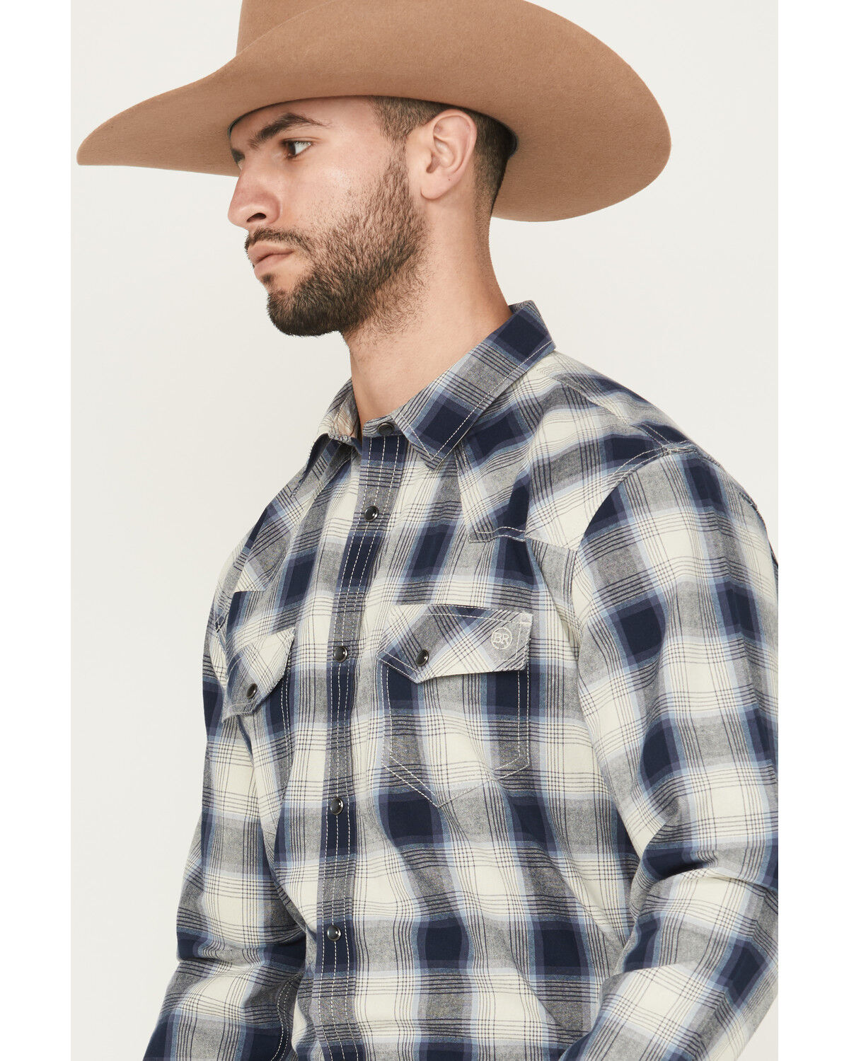 Image #2 - Blue Ranchwear Men's Aster Plaid Print Long Sleeve Snap Western Shirt, Navy, hi-res