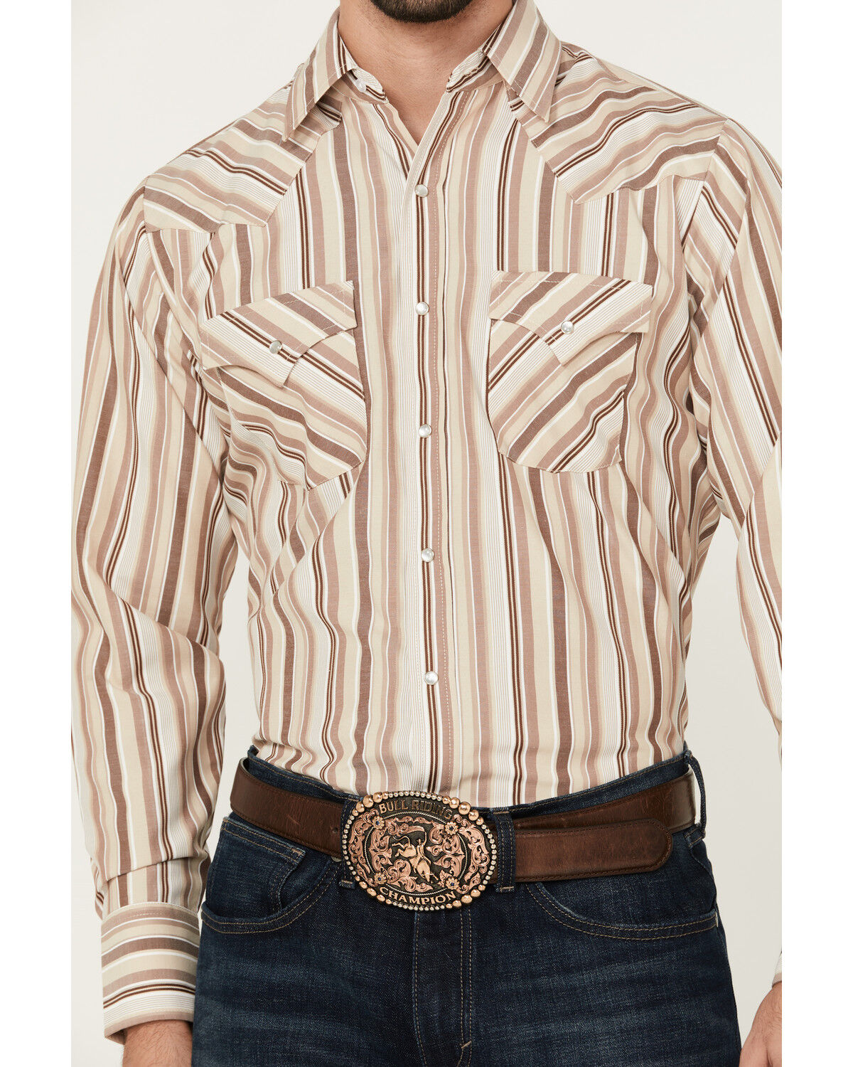 Image #3 - Ely Walker Men's Striped Print Long Sleeve Snap Western Shirt, Tan, hi-res