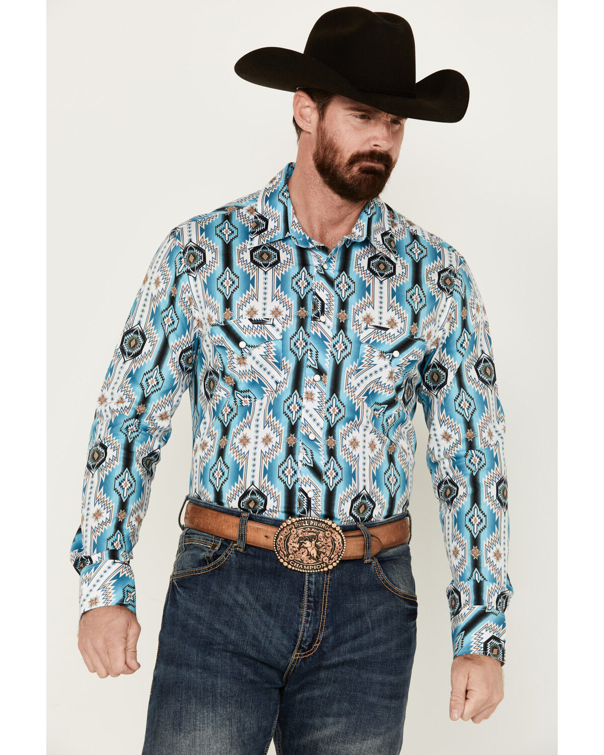 Image #1 - Rock & Roll Denim Men's Southwestern Print Long Sleeve Pearl Snap Stretch Western Shirt, Turquoise, hi-res