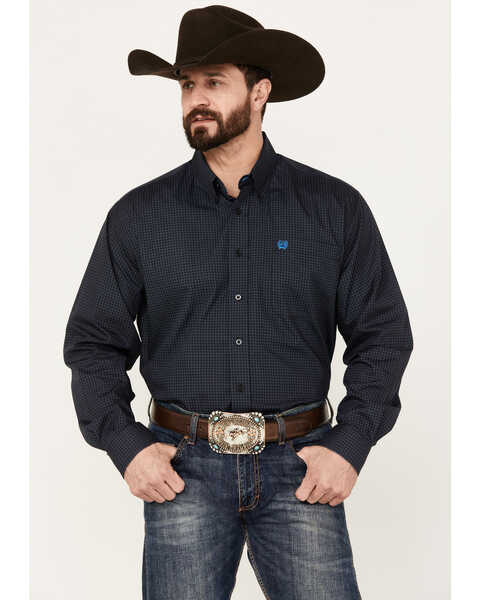 Cinch Men's Geo Print Long Sleeve Button Down Western Shirt, Navy, hi-res
