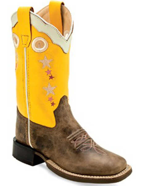 Old West Girls' Cactus Western Boots - Broad Square Toe, Yellow, hi-res