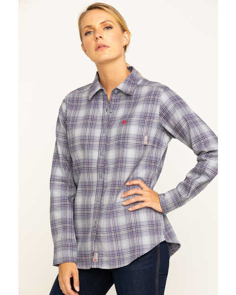 Image #3 - Ariat Women's Boot Barn Exclusive FR Abigail Plaid Print Long Sleeve Work Shirt , Purple, hi-res