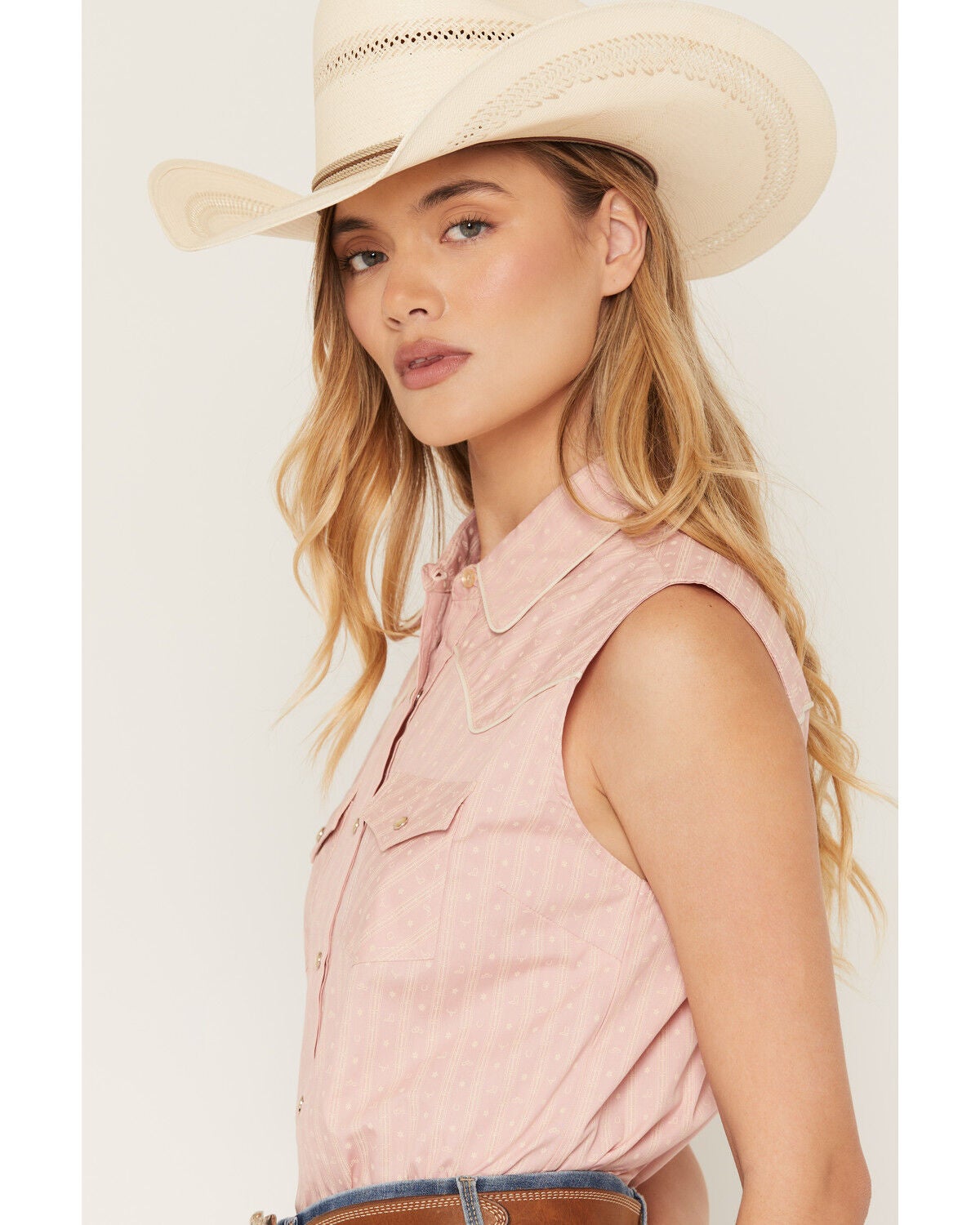 Image #2 - Ely Walker Women's Western Motif Stripe Print Sleeveless Snap Western Shirt, Pink, hi-res