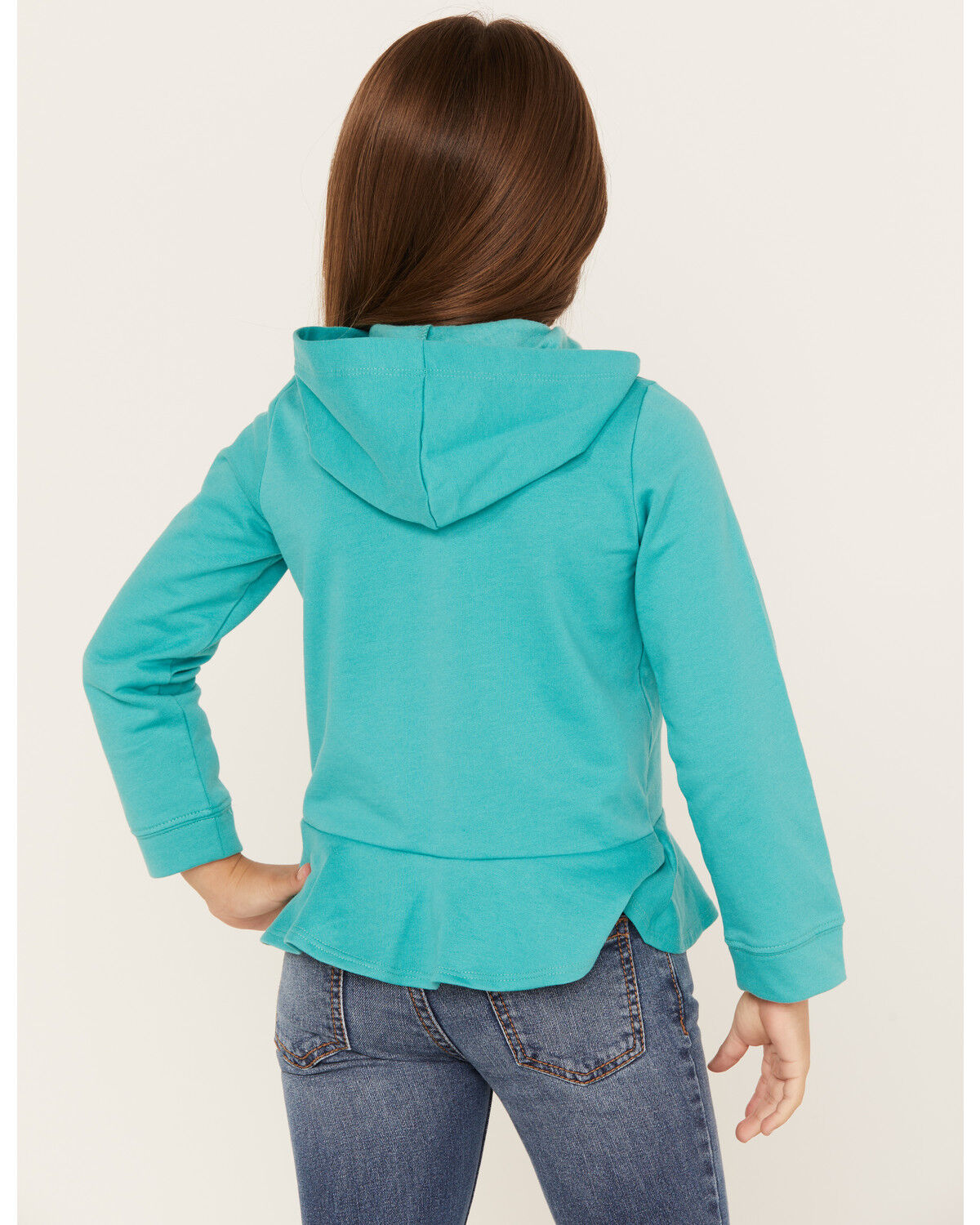Image #4 - Wrangler Girls' Southwestern Logo Graphic Ruffle Hem Hoodie, Turquoise, hi-res