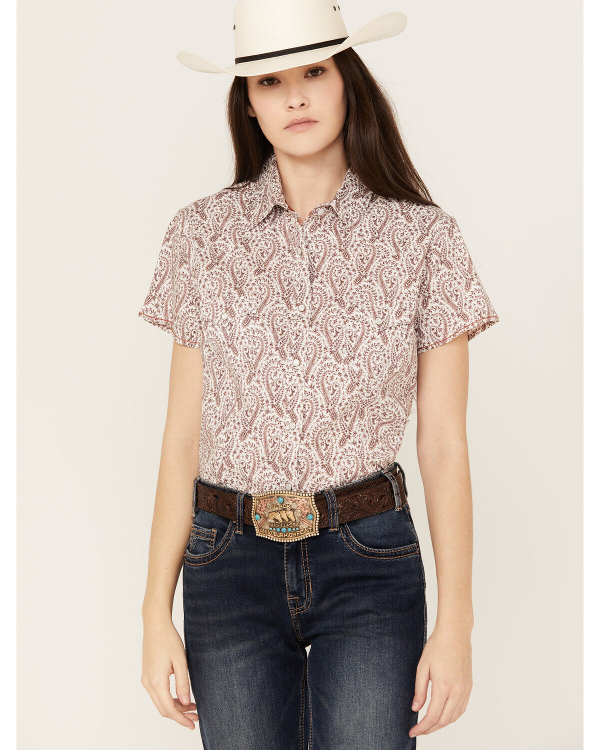 Image #1 - Rough Stock by Panhandle Women's Paisley Print Stretch Short Sleeve Western Snap Shirt, , hi-res