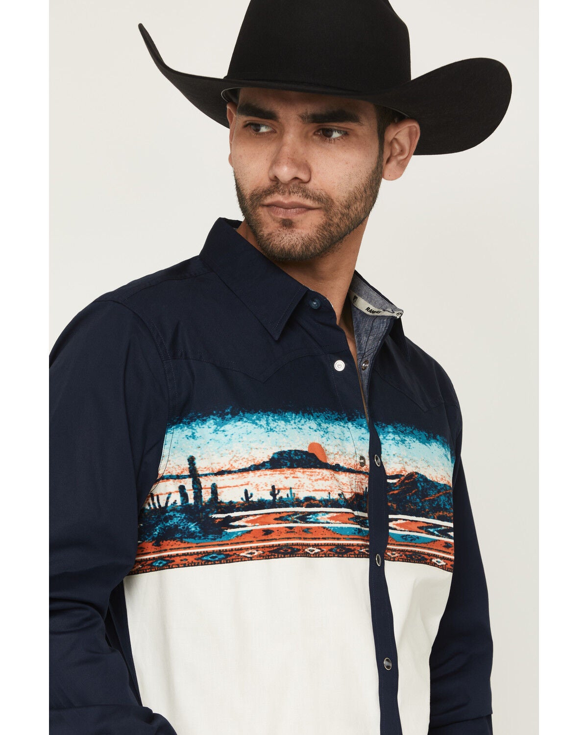 Image #2 - RANK 45&reg; Men's Electric Desert Border Print Long Sleeve Snap Stretch Western Shirt, Natural, hi-res