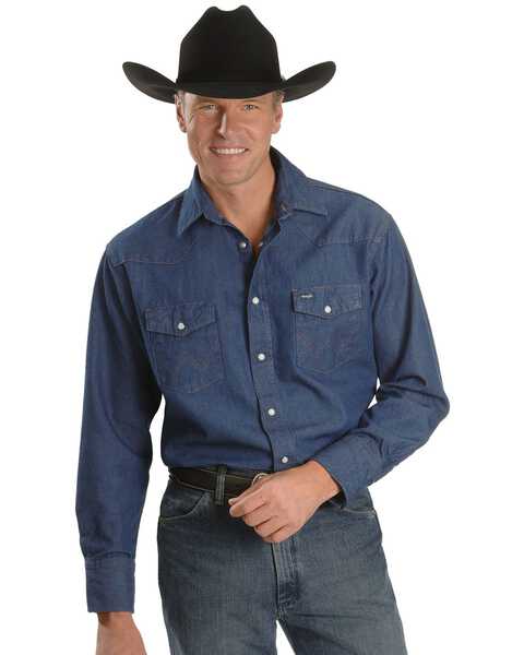 Wrangler Men's Cowboy Cut Rigid Denim Western Work Shirt, Denim, hi-res