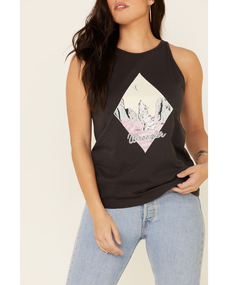 Wrangler Women's Desert Wolf Diamond Graphic Tank Top, Black, hi-res