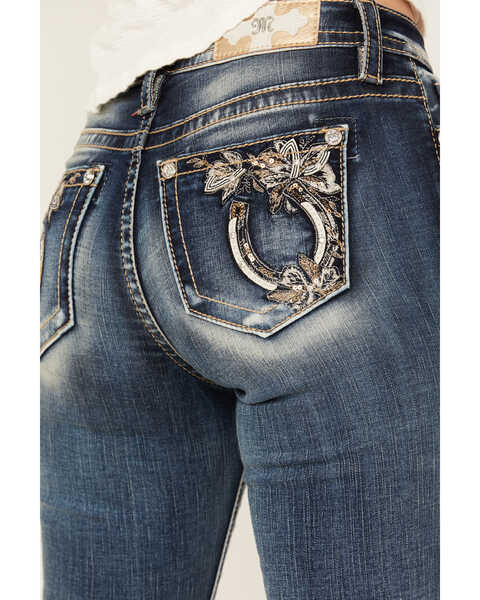 Image #2 - Miss Me Women's Dark Wash Mid Rise Floral Horseshoe Bootcut Stretch Denim Jeans , Dark Wash, hi-res