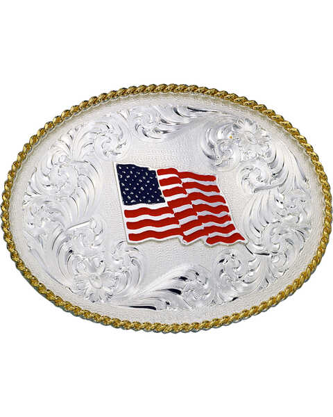 Montana Silversmiths American Flag Oval Buckle, Silver, hi-res