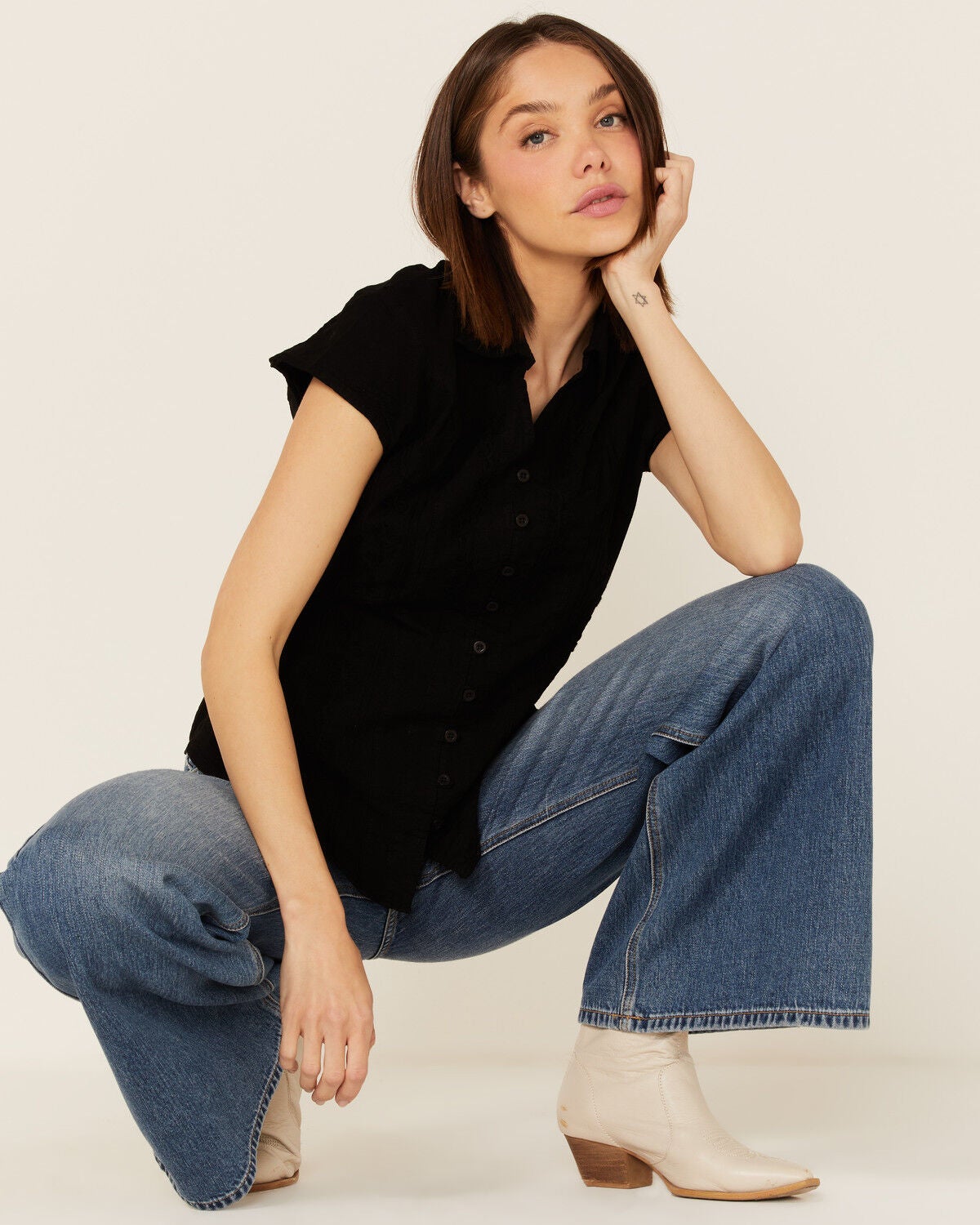 Image #1 - Scully Women's Cap Sleeve Peruvian Cotton Top, Black, hi-res