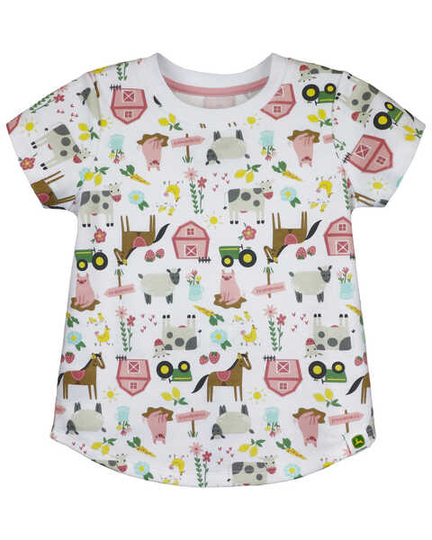Image #1 - John Deere Toddler Girls' Farm Print Short Sleeve Graphic Tee , White, hi-res