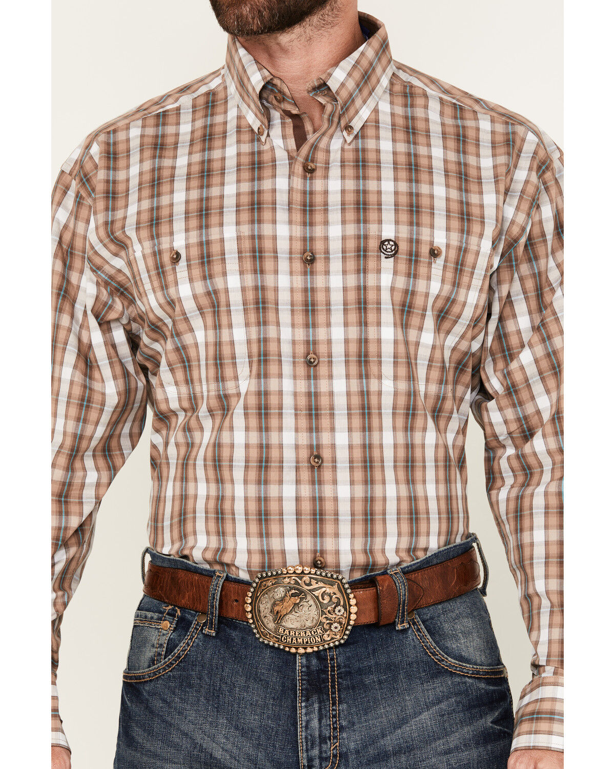 Image #3 - George Strait by Wrangler Men's Plaid Print Long Sleeve Button-Down Stretch Western Shirt, Brown, hi-res