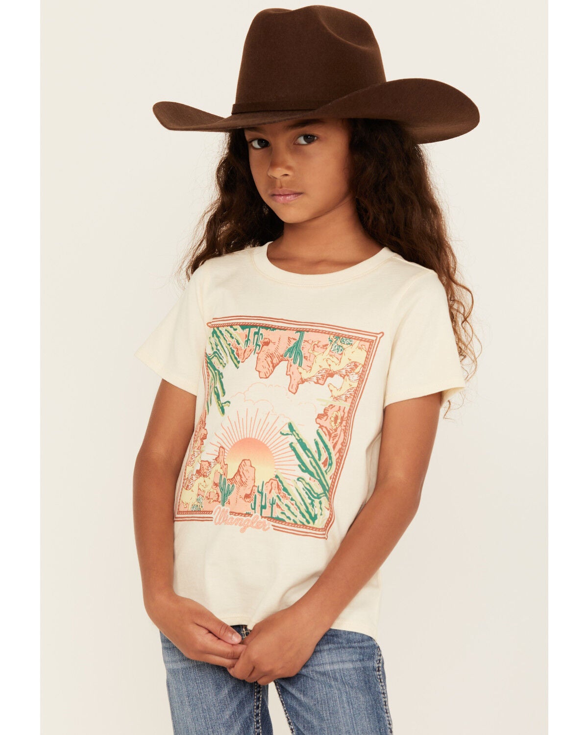 Wrangler Girls' Logo Desert Short Sleeve Graphic Tee, White, hi-res