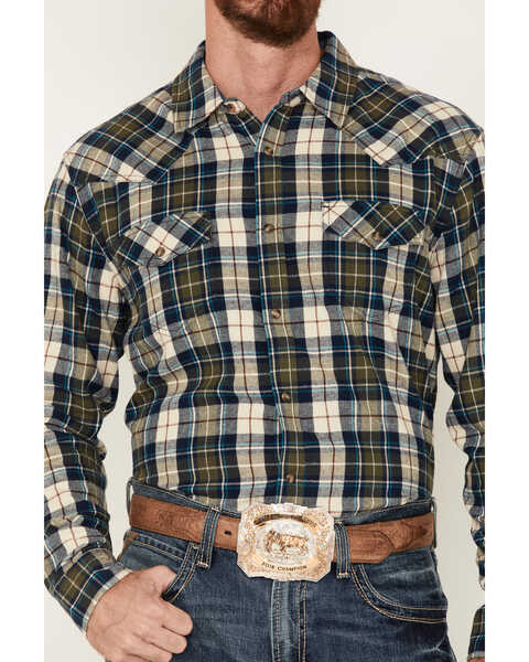 Image #3 - Cody James Men's Buck Plaid Print Long Sleeve Snap Western Flannel Shirt, Tan, hi-res
