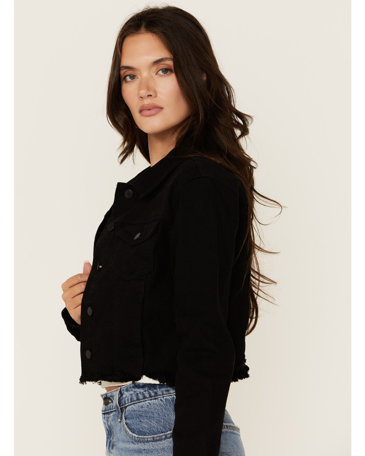 Image #2 - Cello Women's Frayed Cropped Denim Jacket, Black, hi-res