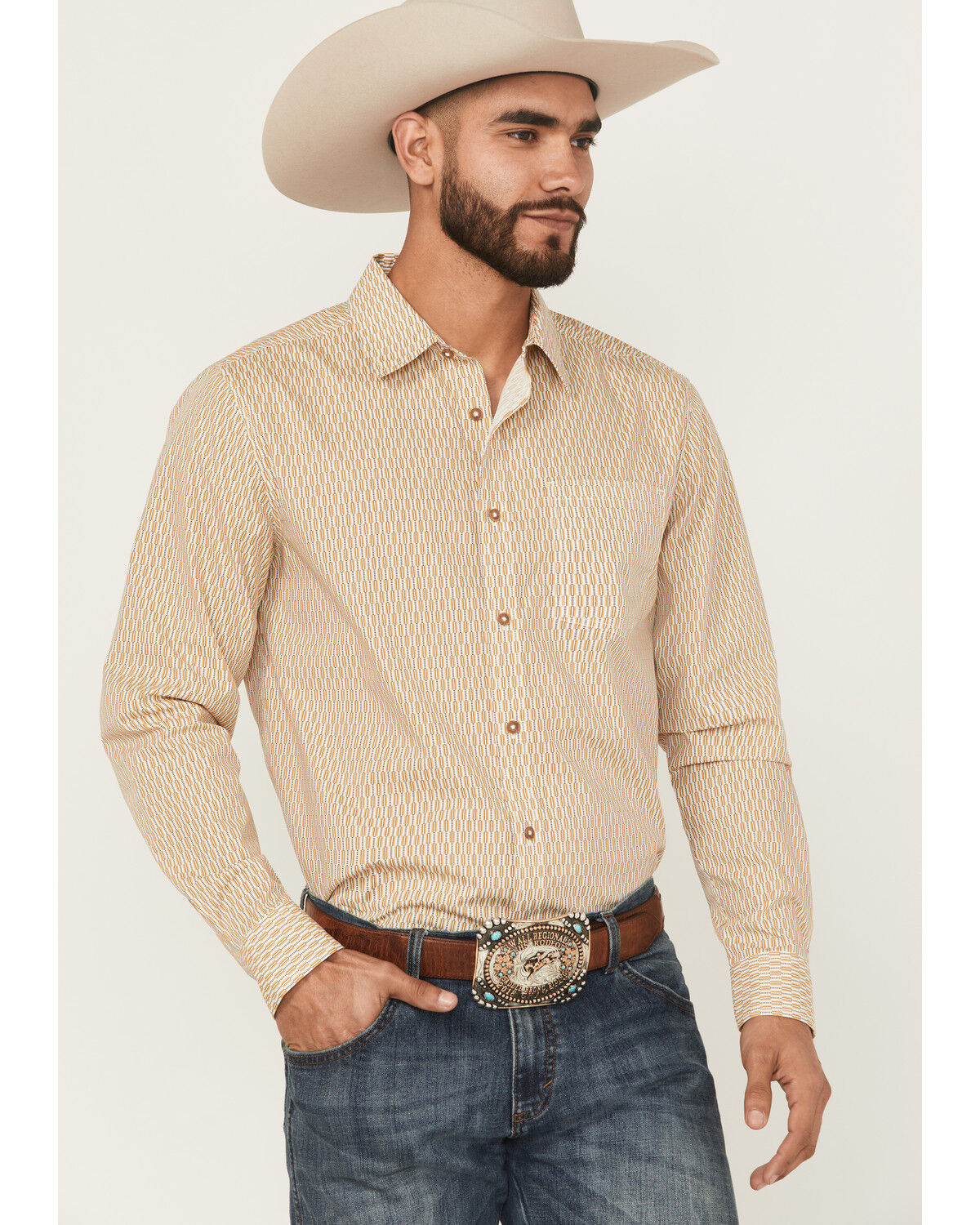 Image #1 - Gibson Trading Co Men's Lampshade Geo Print Long Sleeve Button-Down Stretch Western Shirt, Gold, hi-res