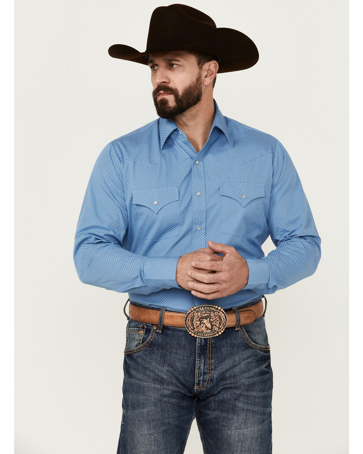 Image #1 - Ely Walker Men's Geo Print Long Sleeve Pearl Snap Western Shirt, Blue, hi-res