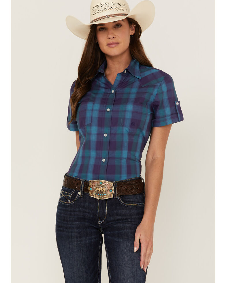 Roper Women's Amarillo Plaid Print Short Sleeve Button-Down Western Shirt, Purple, hi-res