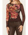 Image #3 - Wild Moss Women's Floral Print Long Sleeve Mesh Top, Brown, hi-res