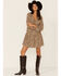 Very J Women's Leopard Long Sleeve Tiered Mini Dress, Tan, hi-res